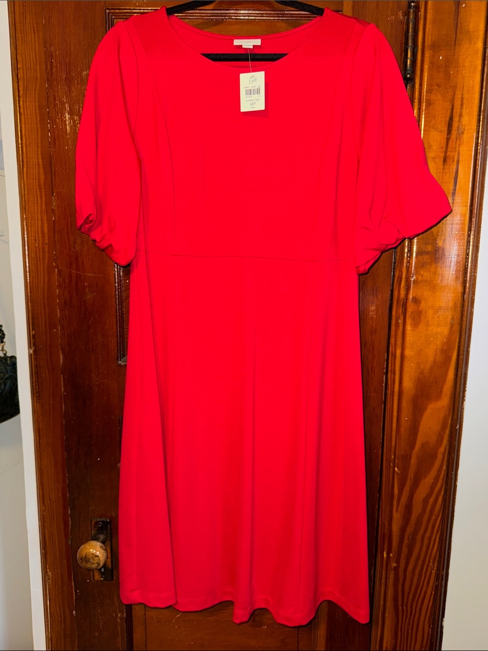 J. Jill Bold Red Midi Dress with Puff Sleeves